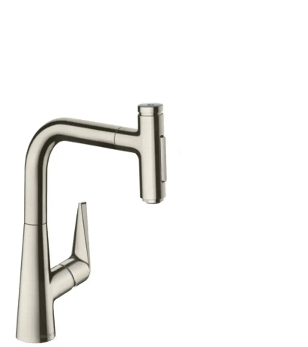 Spültischmischer von Hansgrohe mit ausziehbarer Brause und zwei Strahlausführungen in Edelstahl-Optik. Schlichte, funktionale Form.